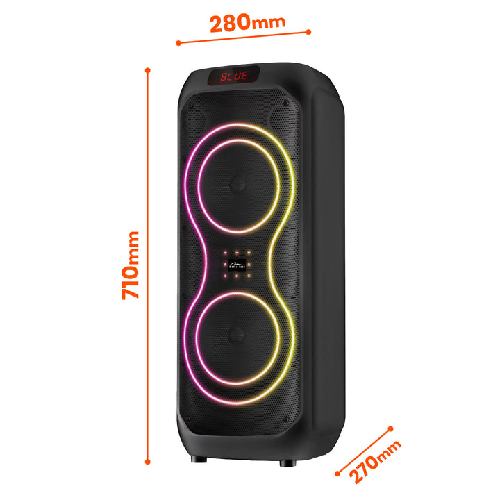 Large Bluetooth speaker, 120W RMS/1400W PMPO, two 8" speakers, equalizer, karaoke function, MP3/microSD cards, USB, AUX, BT 5.3+EDR, display, LED, built-in battery, remote control, MT3185