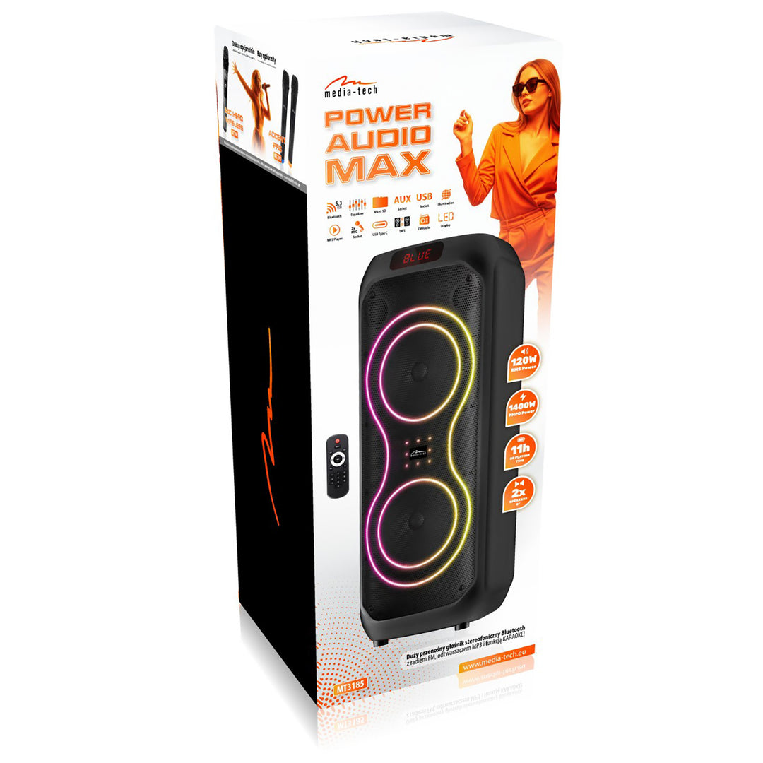 Large Bluetooth speaker, 120W RMS/1400W PMPO, two 8" speakers, equalizer, karaoke function, MP3/microSD cards, USB, AUX, BT 5.3+EDR, display, LED, built-in battery, remote control, MT3185