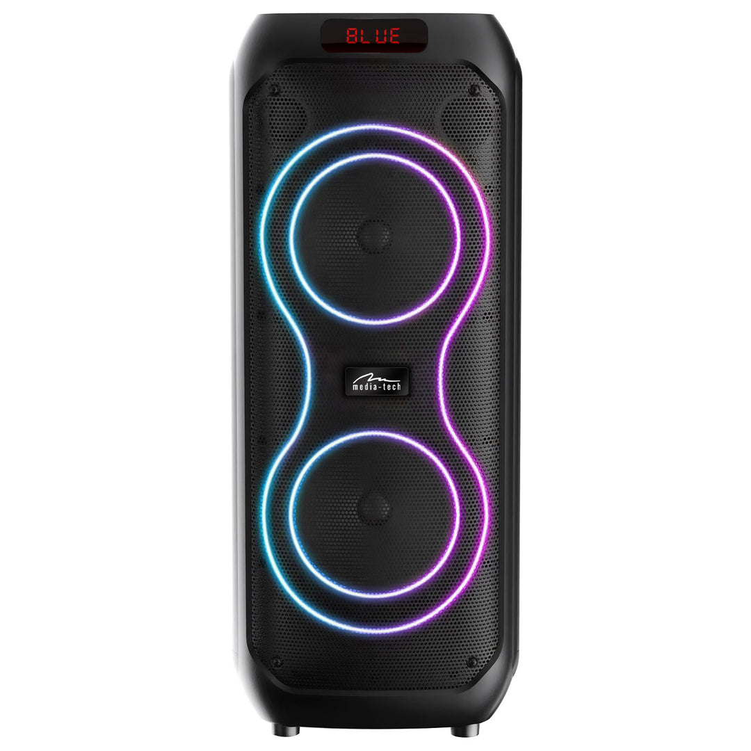 Large Bluetooth speaker, 120W RMS/1400W PMPO, two 8" speakers, equalizer, karaoke function, MP3/microSD cards, USB, AUX, BT 5.3+EDR, display, LED, built-in battery, remote control, MT3185