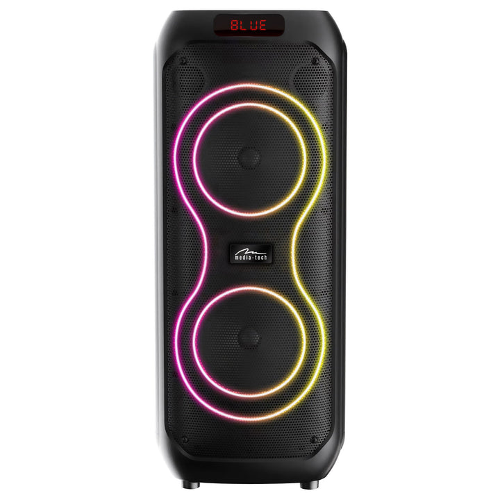 Large Bluetooth speaker, 120W RMS/1400W PMPO, two 8" speakers, equalizer, karaoke function, MP3/microSD cards, USB, AUX, BT 5.3+EDR, display, LED, built-in battery, remote control, MT3185