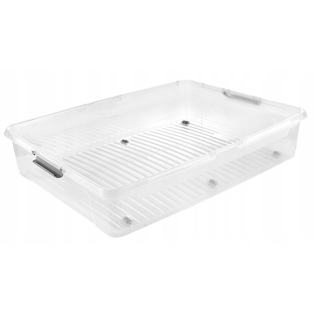 Leo Keeeper container with lid, 53L capacity, clear, with wheels, lid secured with clips