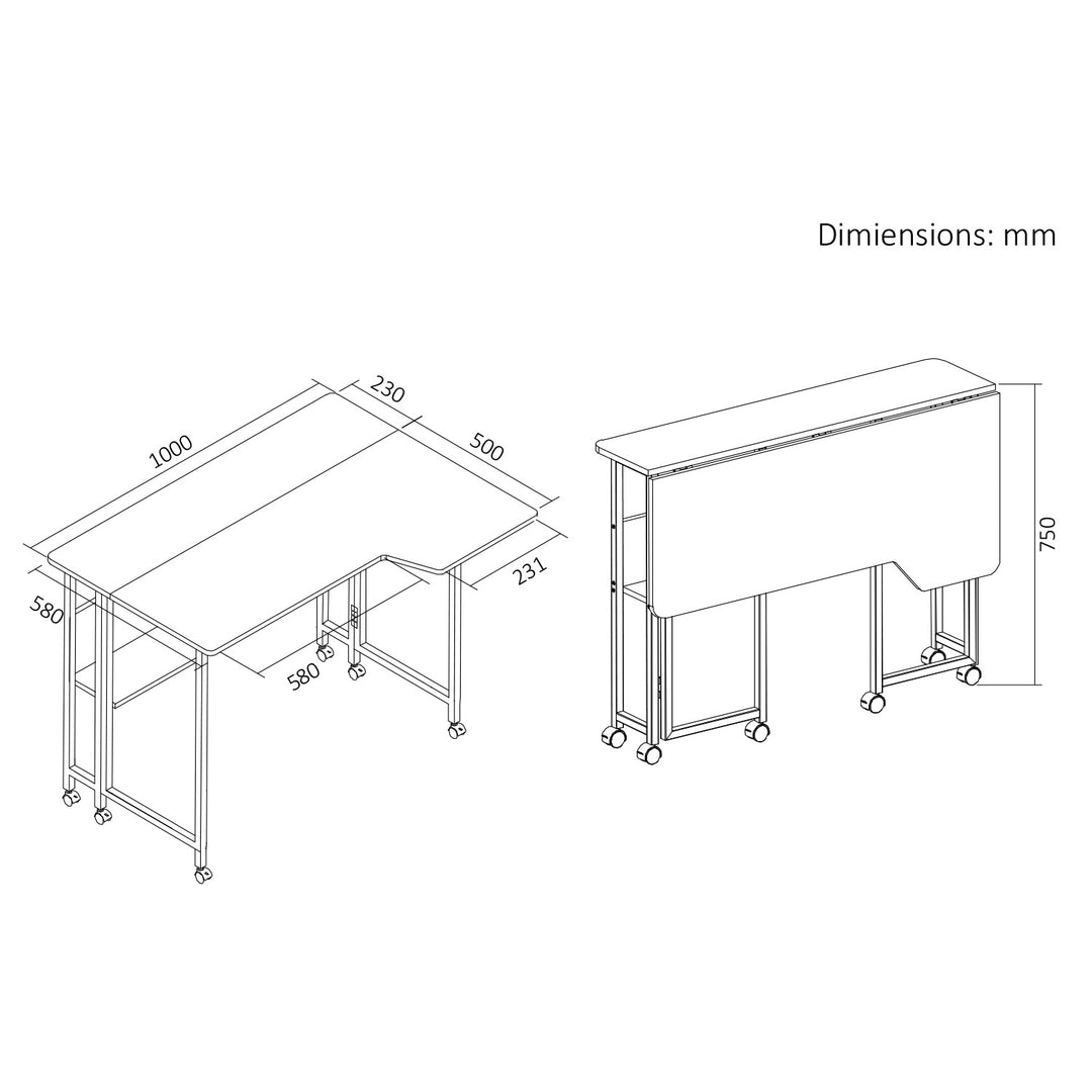 Klappschreibtisch / Beistelltisch Maclean, schwarz, fahrbar, 100 x 73 cm, max. 50 kg, eckig, L-Form, MC-126 L/B