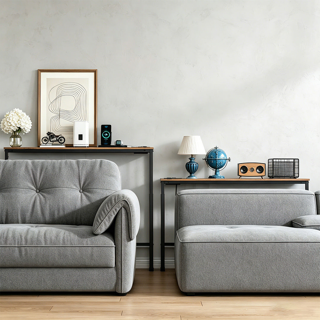 Maclean Console/Side Table with Charging Strip, black with a rustic tabletop, height adjustable 62–83 cm, max. 25 kg, 2.5 m cord, MC-140 B