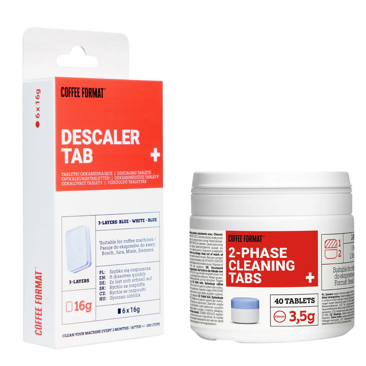 Lot de pastilles de nettoyage pour machine à café, 2-phase Cleaning TABS+ 40 x 3,5 g + pastilles de détartrage pour machines à café, Descaler Tab+ 6 x 16 g