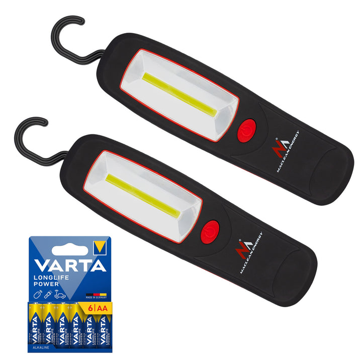 2 Maclean COB LED workshop lamps, magnet, hook, MCE03 + 6 R-06 R06 AA LR06 1.5V VARTA Longlife Power batteries