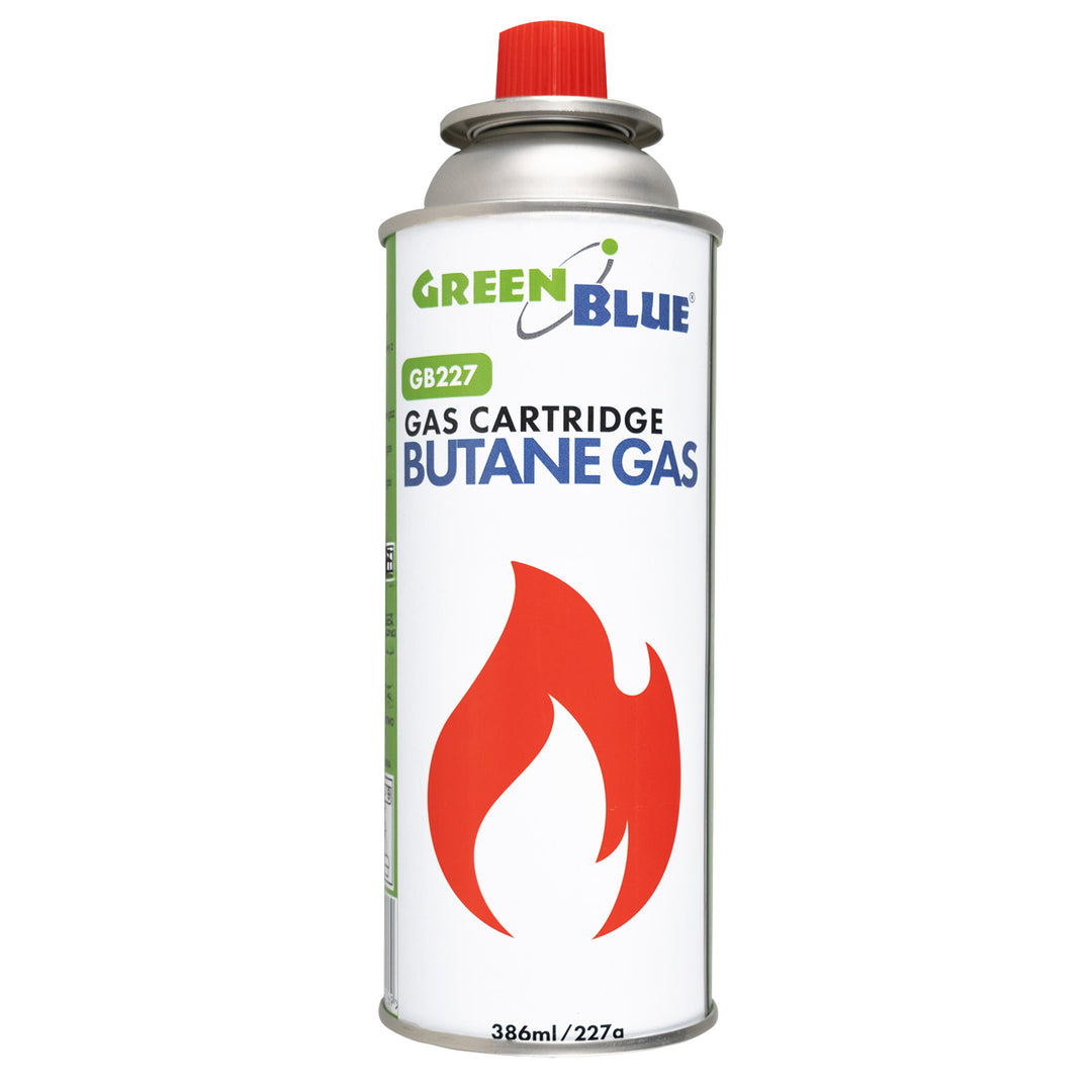 4 cartuchos de gas GreenBlue de 227 g. Certificado: Pi 0875, conforme a la norma EN 417, butano, rango de temperatura de funcionamiento: de -10 °C a +40 °C, GB227
