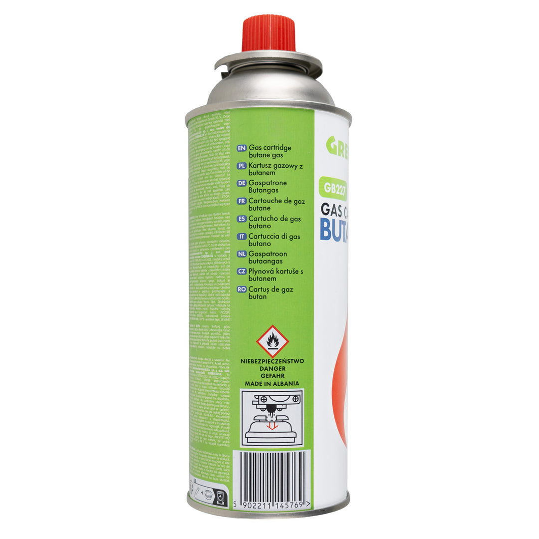 4 cartuchos de gas GreenBlue de 227 g. Certificado: Pi 0875, conforme a la norma EN 417, butano, rango de temperatura de funcionamiento: de -10 °C a +40 °C, GB227