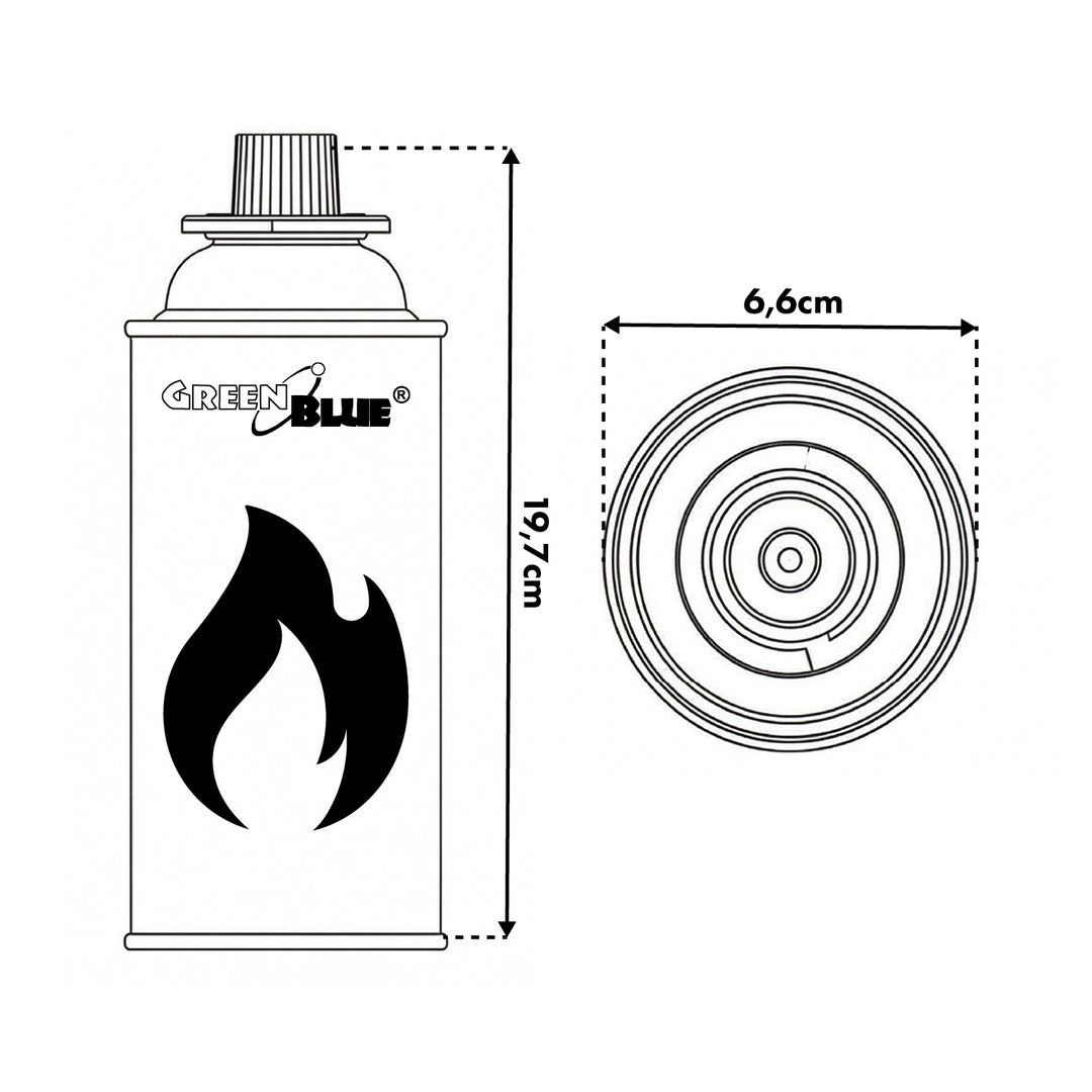4 cartuchos de gas GreenBlue de 227 g. Certificado: Pi 0875, conforme a la norma EN 417, butano, rango de temperatura de funcionamiento: de -10 °C a +40 °C, GB227