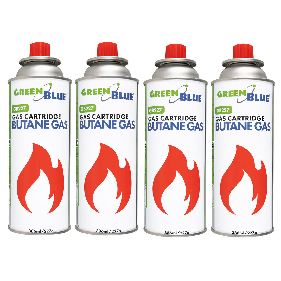 4 cartuchos de gas GreenBlue de 227 g. Certificado: Pi 0875, conforme a la norma EN 417, butano, rango de temperatura de funcionamiento: de -10 °C a +40 °C, GB227