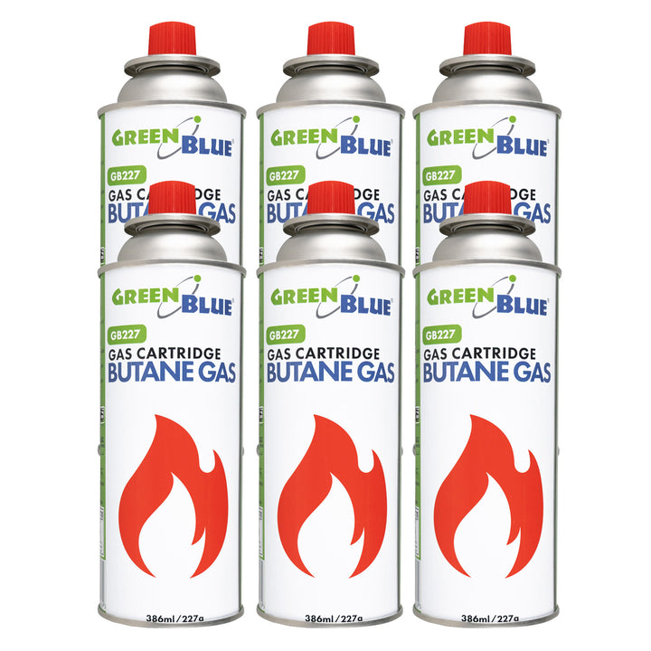 6 Gaspatronen à 227 g GreenBlue. Zertifikat: Pi 0875, entspricht der Norm EN 417, Butan, Einsatzbereich -10 °C bis +40 °C, GB227