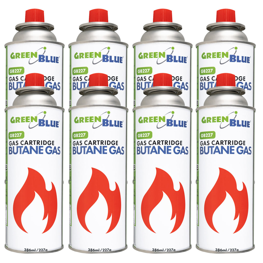 8 x 227g GreenBlue gas cartridges. Certification: Pi 0875, compliant with EN 417, butane, operating range: -10°C to +40°C, GB227