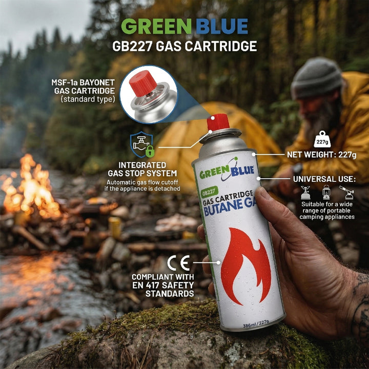 12 x 227g GreenBlue gas cartridges. Certification: Pi 0875, compliant with EN 417, butane, operating range: -10°C to +40°C, GB227