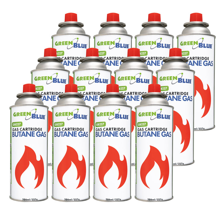 12 x 227g GreenBlue gas cartridges. Certification: Pi 0875, compliant with EN 417, butane, operating range: -10°C to +40°C, GB227