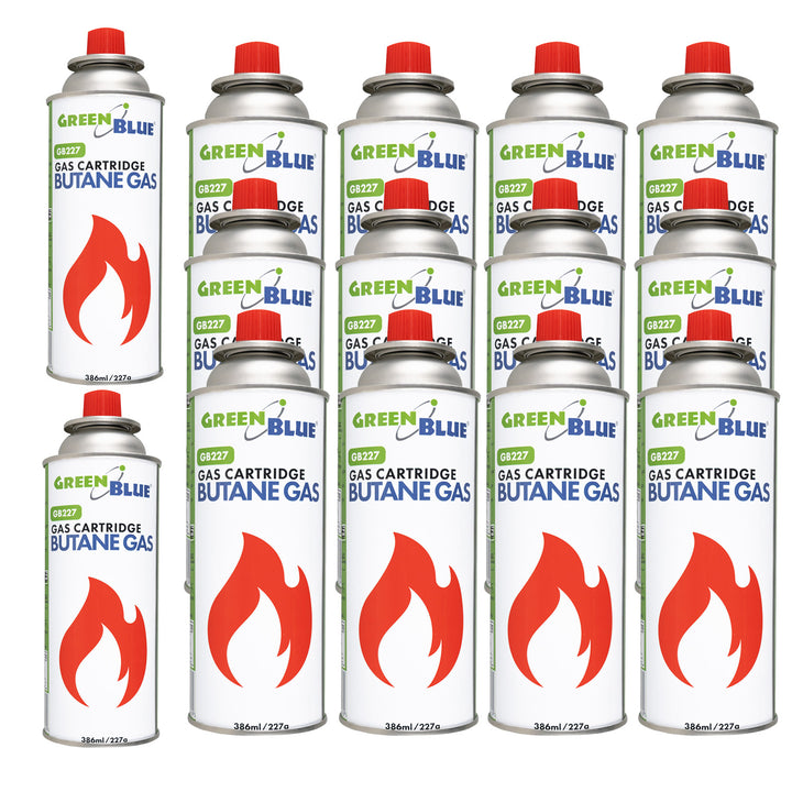 14 Gaspatronen à 227 g GreenBlue. Zertifikat: Pi 0875, entspricht der Norm EN 417, Butan, Einsatzbereich -10 °C bis +40 °C, GB227