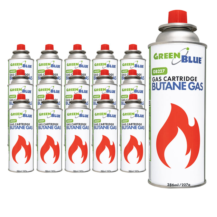 16 Gaspatronen à 227 g GreenBlue. Zertifikat: Pi 0875, entspricht der Norm EN 417, Butan, Einsatzbereich -10 °C bis +40 °C, GB227