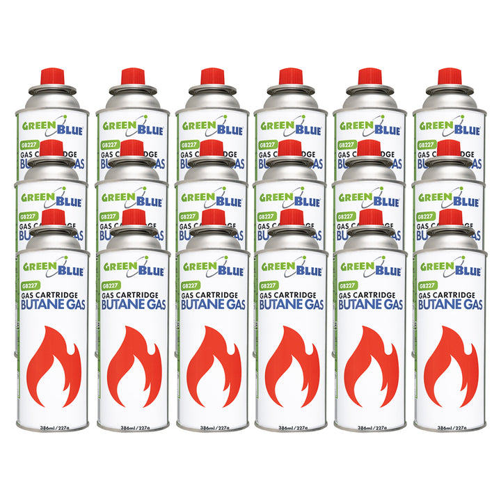 18 Gaspatronen à 227 g GreenBlue. Zertifikat: Pi 0875, entspricht der Norm EN 417, Butan, Einsatzbereich -10 °C bis +40 °C, GB227