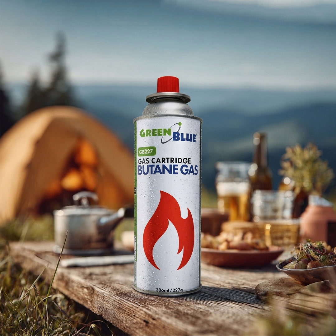 20 cartuchos de gas de 227 g GreenBlue. Certificado: Pi 0875, conforme a la norma EN 417, butano, rango de temperatura de funcionamiento: de -10 °C a +40 °C, GB227