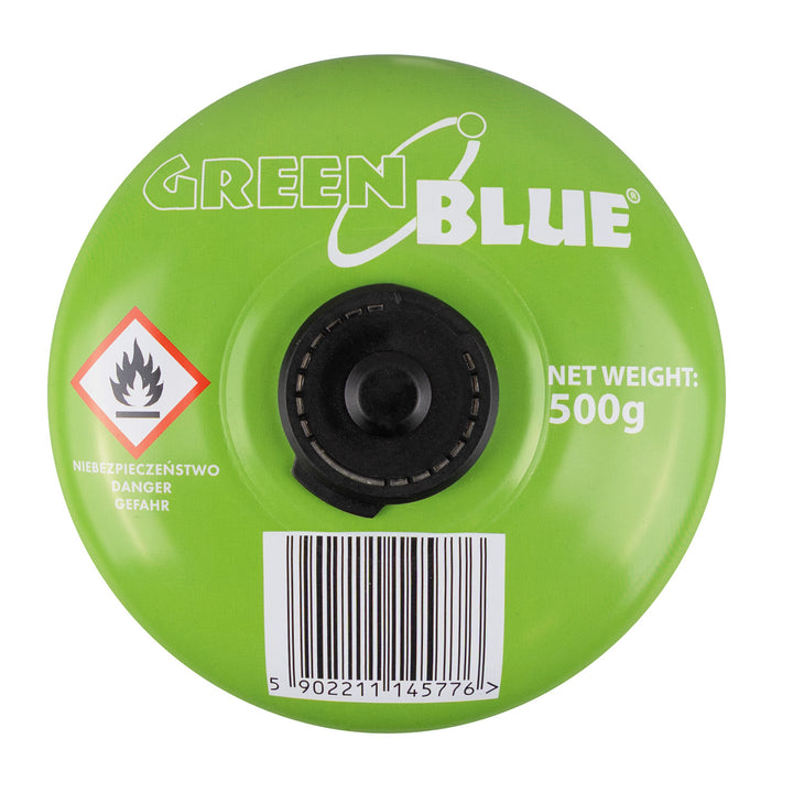 4 cartuchos de gas de 500 g GreenBlue. Certificado: Pi 0437, conforme a la norma EN 417, butano-propano, rango de temperatura de -10 °C a +40 °C, válvula roscada de 7/16'' GB499