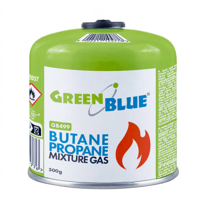 6 cartuchos de gas de 500 g GreenBlue. Certificado: Pi 0437, conforme a la norma EN 417, butano-propano, rango de temperatura de -10 °C a +40 °C, válvula roscada de 7/16'' GB499