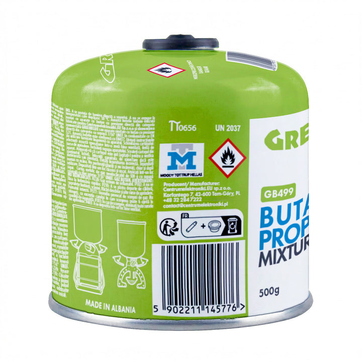 6 cartuchos de gas de 500 g GreenBlue. Certificado: Pi 0437, conforme a la norma EN 417, butano-propano, rango de temperatura de -10 °C a +40 °C, válvula roscada de 7/16'' GB499
