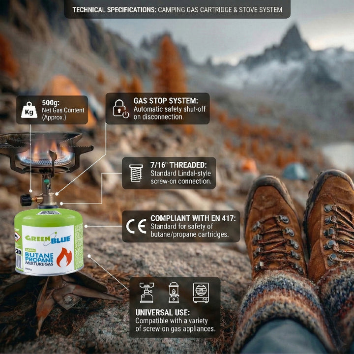 6 cartuchos de gas de 500 g GreenBlue. Certificado: Pi 0437, conforme a la norma EN 417, butano-propano, rango de temperatura de -10 °C a +40 °C, válvula roscada de 7/16'' GB499