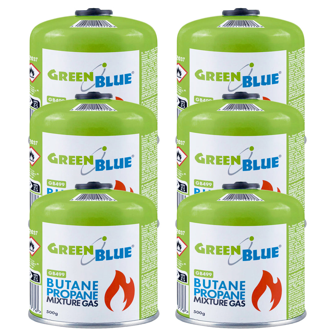 6 cartuchos de gas de 500 g GreenBlue. Certificado: Pi 0437, conforme a la norma EN 417, butano-propano, rango de temperatura de -10 °C a +40 °C, válvula roscada de 7/16'' GB499