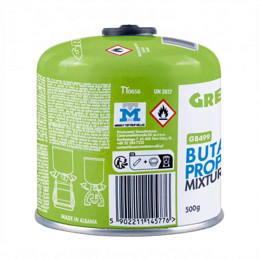 8 cartuchos de gas de 500 g GreenBlue. Certificado: Pi 0437, conforme a la norma EN 417, butano-propano, rango de temperatura de -10 °C a +40 °C, válvula roscada de 7/16'' GB499