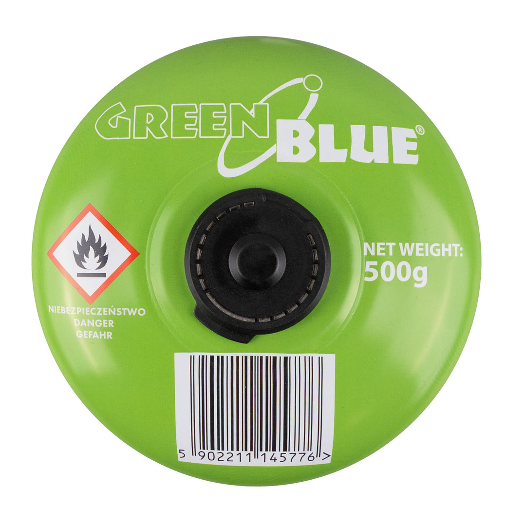 8 cartuchos de gas de 500 g GreenBlue. Certificado: Pi 0437, conforme a la norma EN 417, butano-propano, rango de temperatura de -10 °C a +40 °C, válvula roscada de 7/16'' GB499