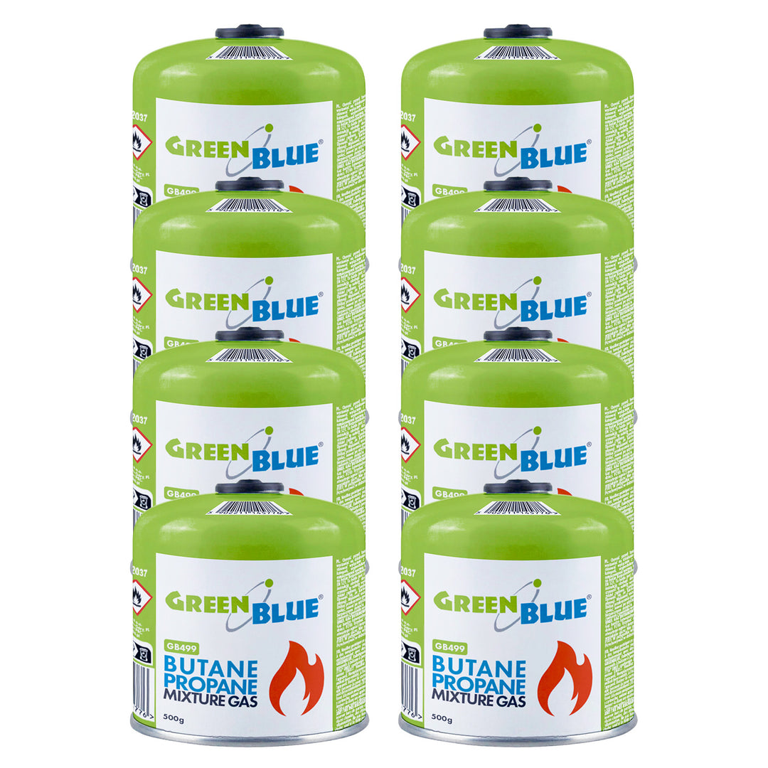 8 cartuchos de gas de 500 g GreenBlue. Certificado: Pi 0437, conforme a la norma EN 417, butano-propano, rango de temperatura de -10 °C a +40 °C, válvula roscada de 7/16'' GB499
