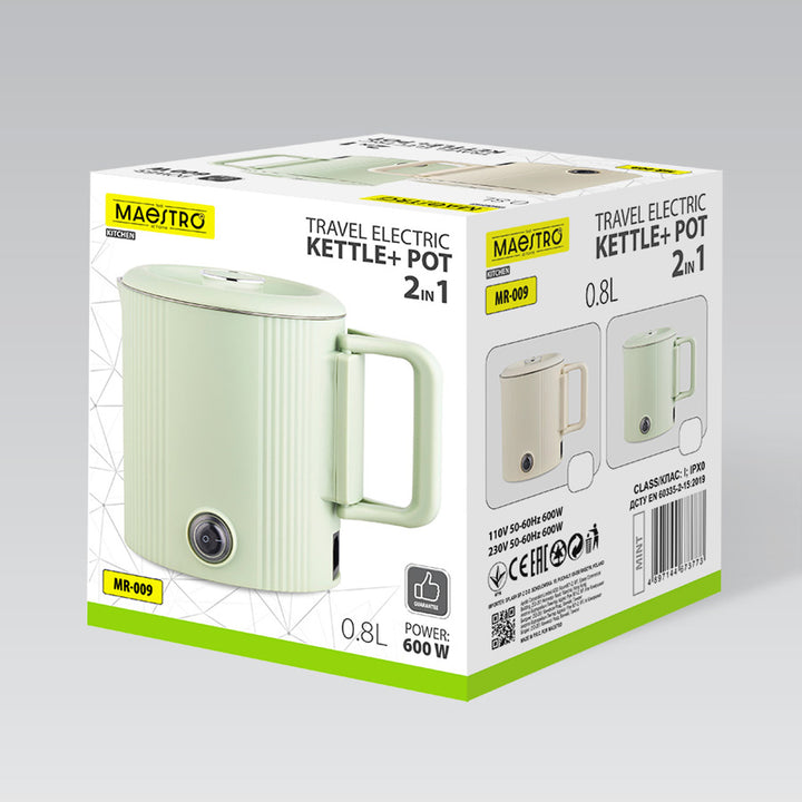 Maestro 2-in-1 Electric Kettle / Travel Pot, 0.8 L capacity, 600 W power, foldable handle, 110 V/230 V voltage selector switch, beige, MR-009-BEIGE