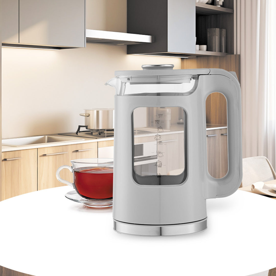 Maestro Glass Electric Kettle, 1.7L capacity, 2200W power, water level indicator, LED backlight, swivel base, gray, MR-065-GREY