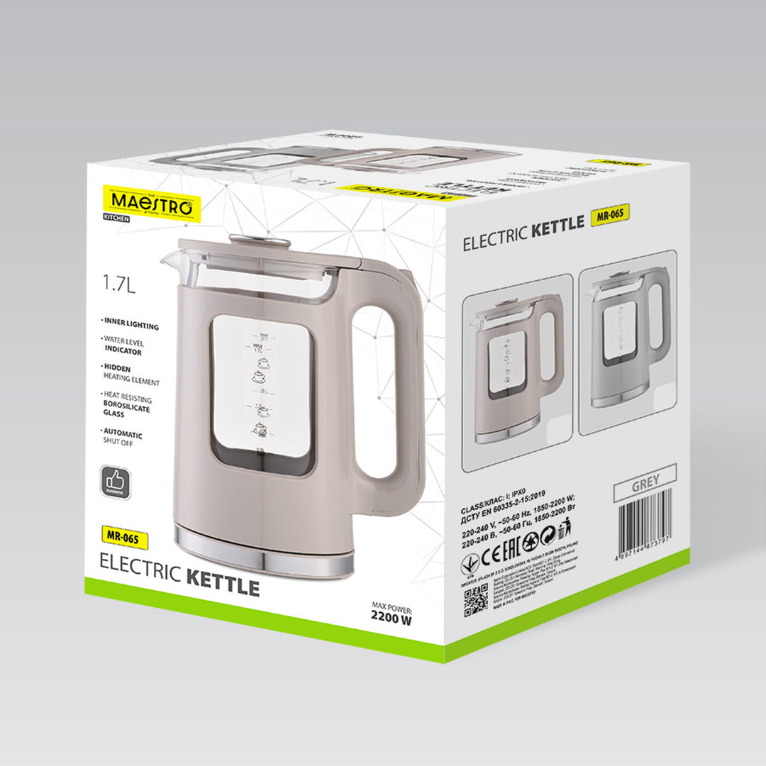 Maestro Glass Electric Kettle, 1.7L capacity, 2200W power, water level indicator, LED backlight, swivel base, gray, MR-065-GREY