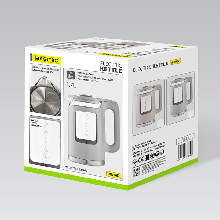 Maestro Glass Electric Kettle, 1.7 L capacity, 2200 W power, water level indicator, LED backlight, swivel base, beige, MR-065-BEIGE