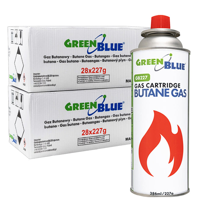 56x GreenBlue 227g gas cartridge. Certification: Pi 0875, compliant with EN 417, butane, operating range: -10°C to +40°C, GB227