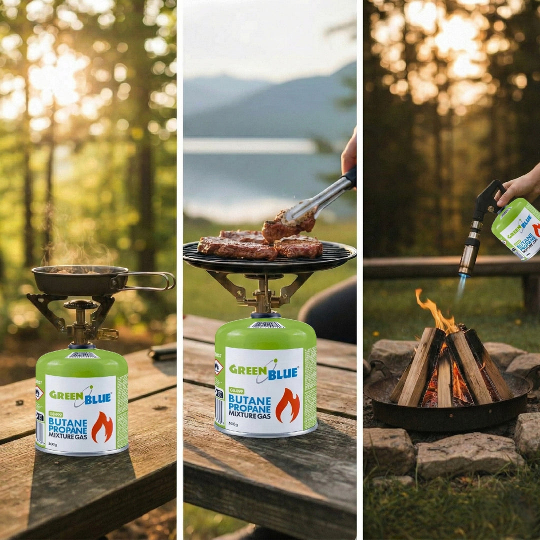 Cartucho de gas GreenBlue de 500 g, 24 unidades. Certificado: Pi 0437, conforme a la norma EN 417, butano-propano, rango de temperatura de -10 °C a +40 °C, válvula roscada de 7/16'' GB499