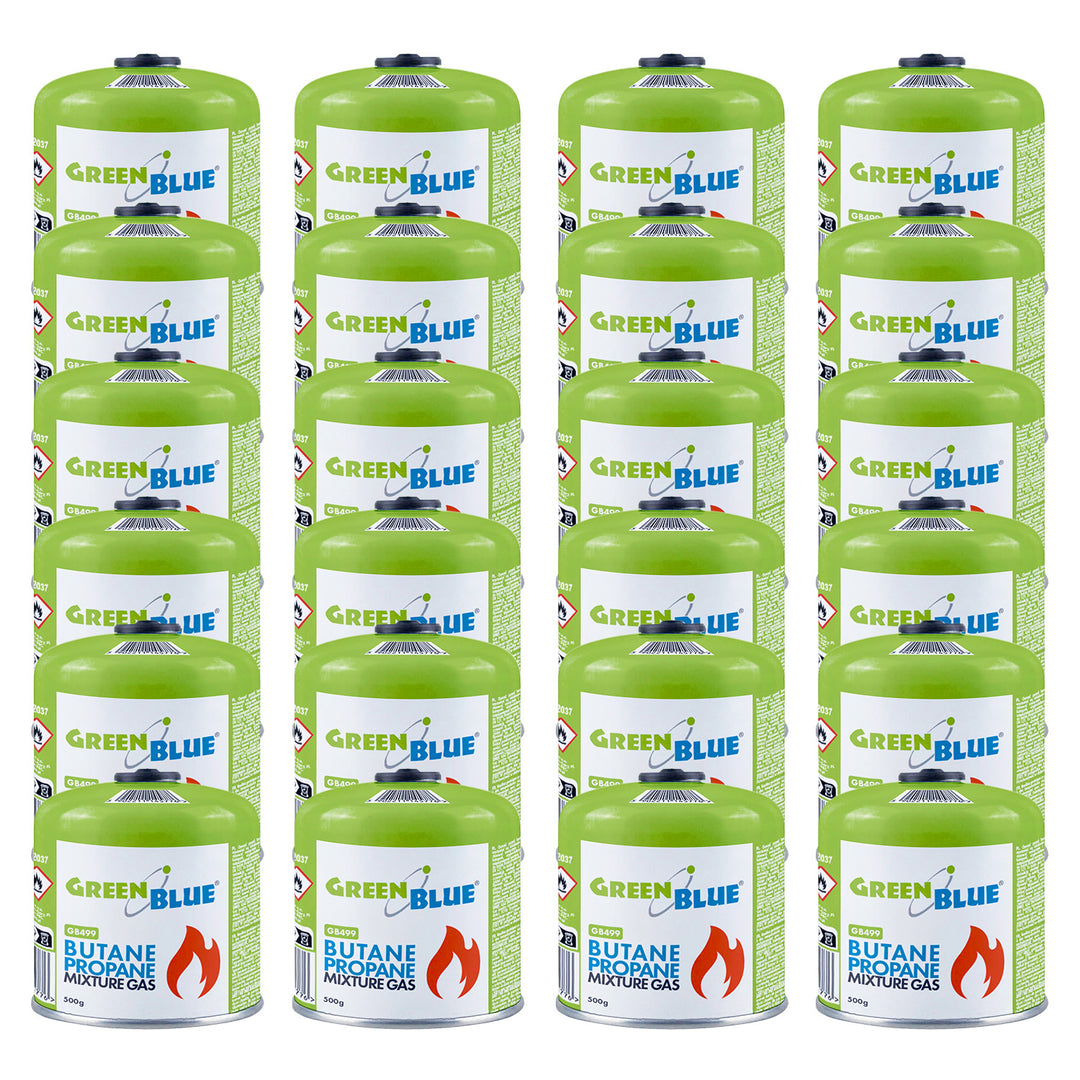 Cartucho de gas GreenBlue de 500 g, 24 unidades. Certificado: Pi 0437, conforme a la norma EN 417, butano-propano, rango de temperatura de -10 °C a +40 °C, válvula roscada de 7/16'' GB499