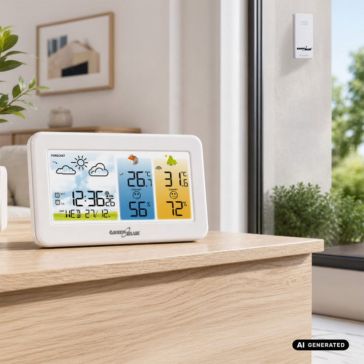 GreenBlue Wireless Weather Station, Indoor/Outdoor Temperature and Humidity, Clock/Alarm/Date, °C / °F, Range up to 60 m, GB442 W