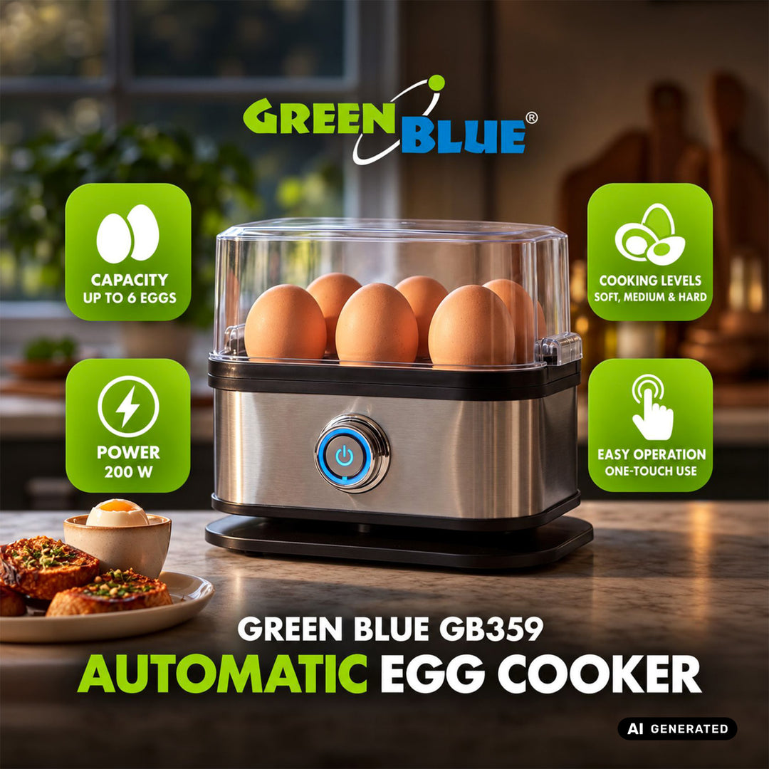 GreenBlue Automatic Egg Cooker, 200W, holds up to 6 eggs, measuring cup included, 220-240V~, 50/60 Hz, GB359
