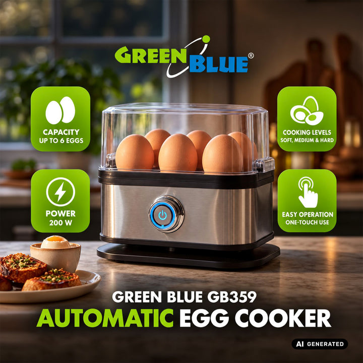 GreenBlue Automatic Egg Cooker, 200W, holds up to 6 eggs, measuring cup included, 220-240V~, 50/60 Hz, GB359