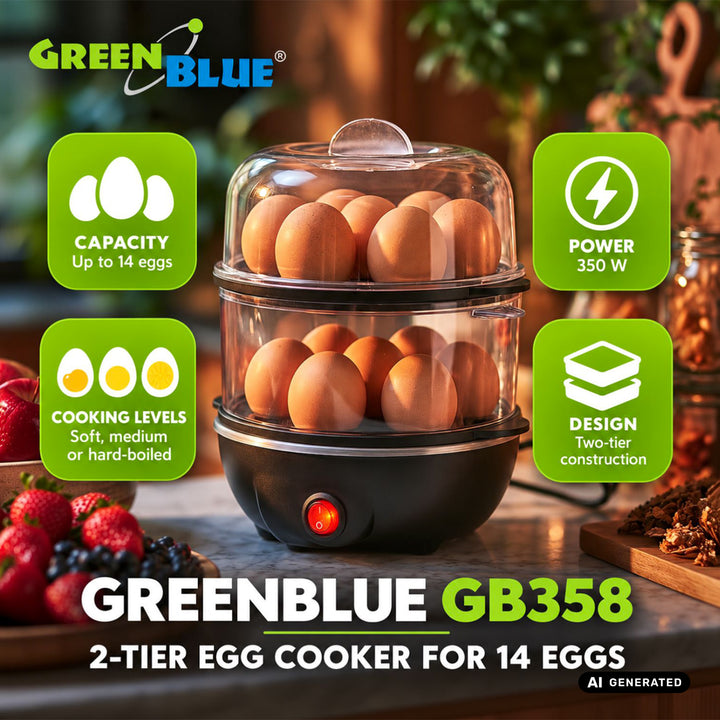 GreenBlue 2-Tier Egg Cooker for 14 Eggs, 350W, holds up to 14 eggs, 220–240 V~, 50/60 Hz, GB358