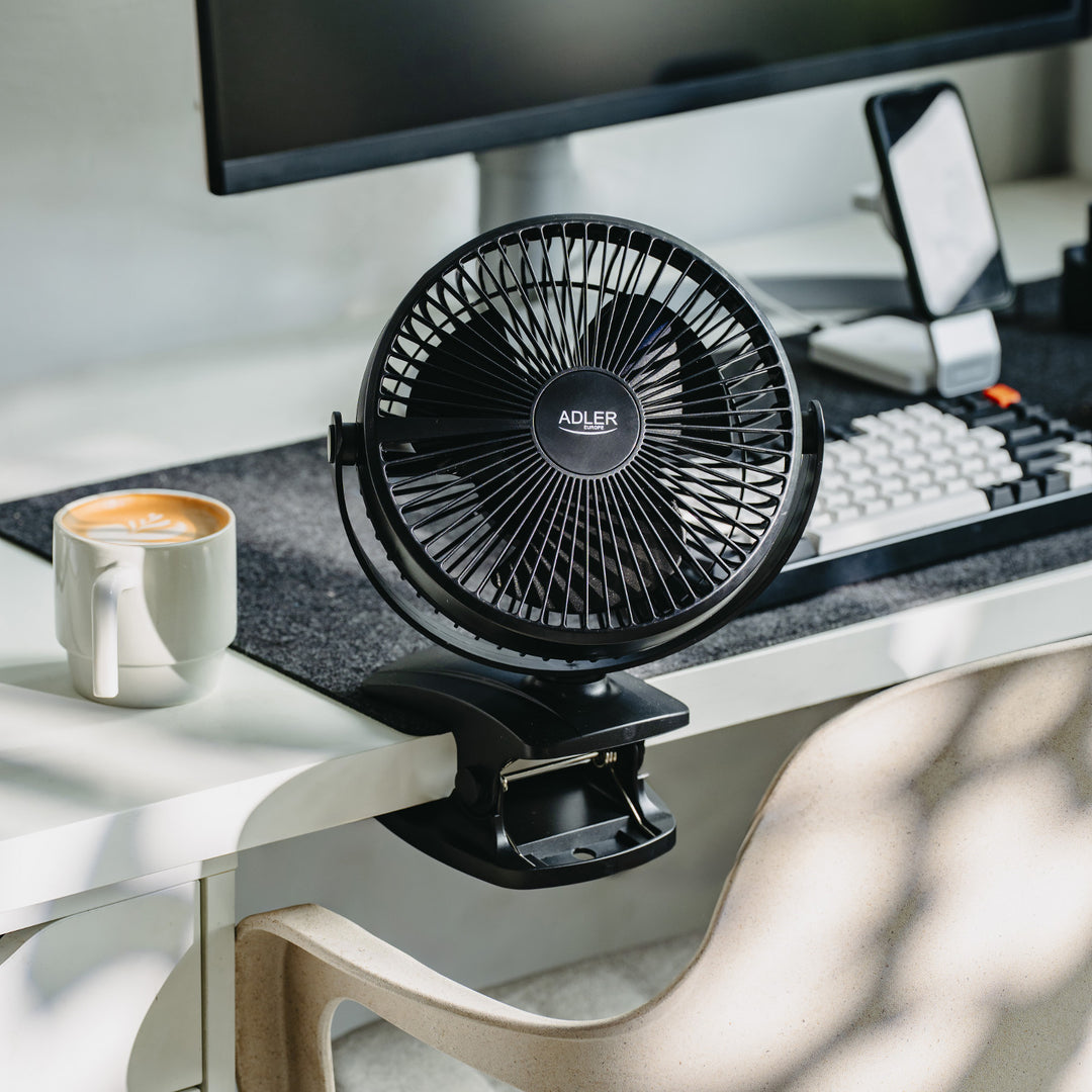 Desk fan with clip, rechargeable, 15.5 cm, 360° rotation, USB-C, Adler