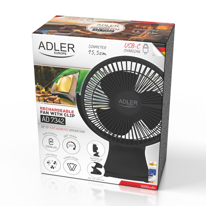 Desk fan with clip, rechargeable, 15.5 cm, 360° rotation, USB-C, Adler