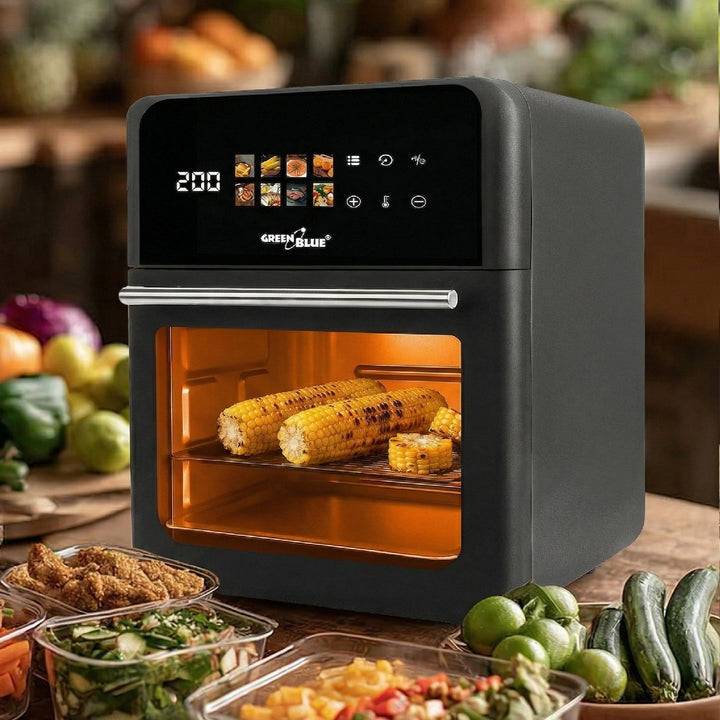 Freidora sin aceite AIR FRYER de GreenBlue, 1800 W de potencia, capacidad de 10 l, 8 programas, accesorios, temporizador, GB950 + termómetro/sonda para alimentos, GreenBlue GB178
