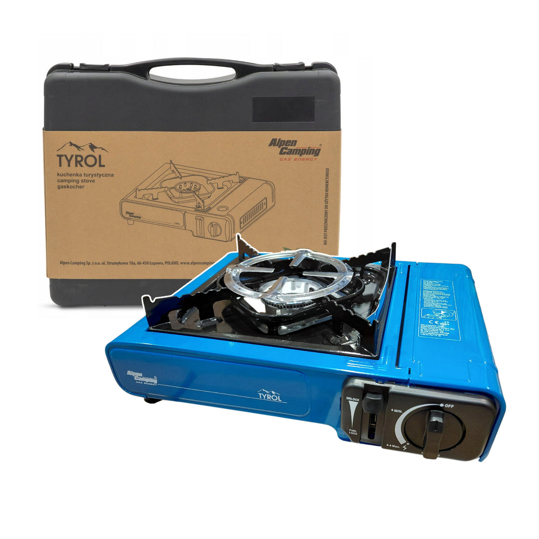 Alpen Camping Campingkocher, Leistung: 2,0 kW, Gasverbrauch 146 g/h, piezoelektrische Zündung, TYROL+ 4x 227-g-Gaskartusche GreenBlue. Zertifikat: Pi 0875, entspricht der Norm EN 417