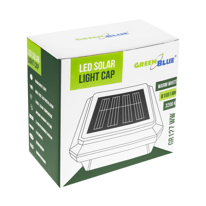 Lámpara LED solar para poste GreenBlue, 80 x 80 mm, cubierta en forma de sobre, 3200 K, GB127 WW, 2 unidades