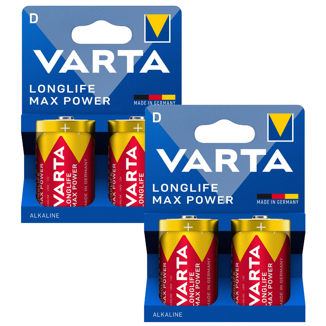 4 pilas alcalinas R-20 R20 D de 1,5 V Varta Longlife Max Power