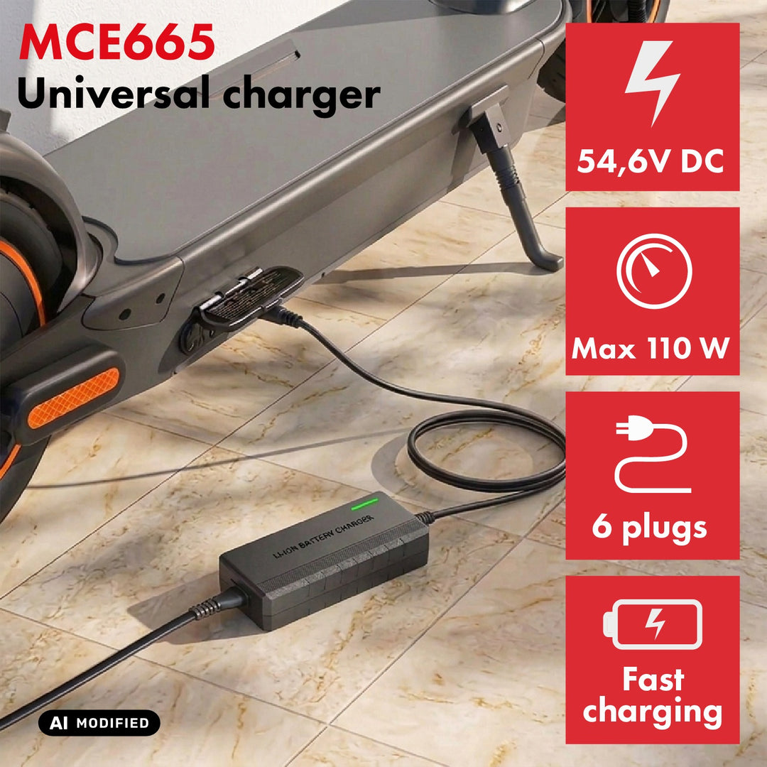 Cargador universal / Fuente de alimentación Maclean Energy, para patinetes, 54,6 V CC, 2 A, máx. 110 W, carga rápida, 6 enchufes, MCE665