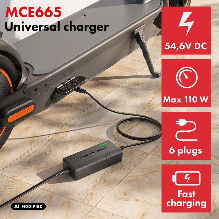Cargador universal / Fuente de alimentación Maclean Energy, para patinetes, 54,6 V CC, 2 A, máx. 110 W, carga rápida, 6 enchufes, MCE665