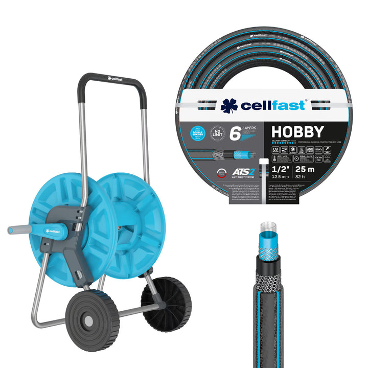 Cellfast Aluplus 1/2" 60m Hose Cart + Cellfast Hobby ATS2 1/2" 25m Garden Hose