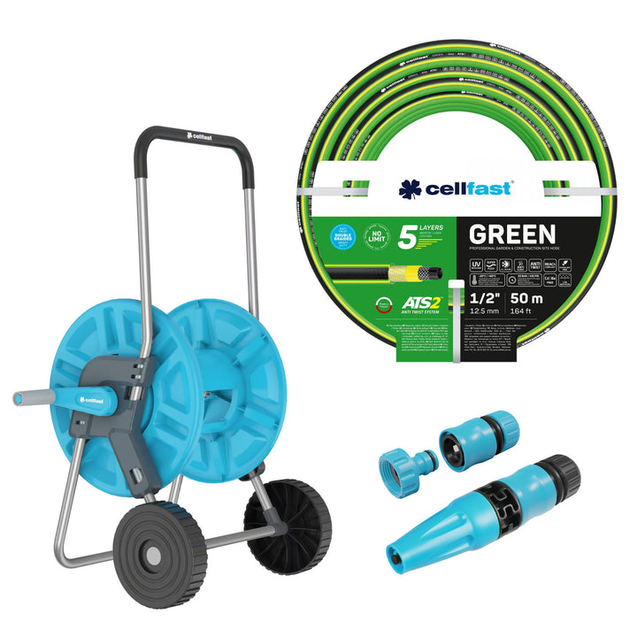 Cellfast Aluplus 1/2" 60m Hose Cart + Cellfast Green ATS2 1/2" 50m Garden Hose + Cellfast Basic 1/2" Straight Sprinkler Set